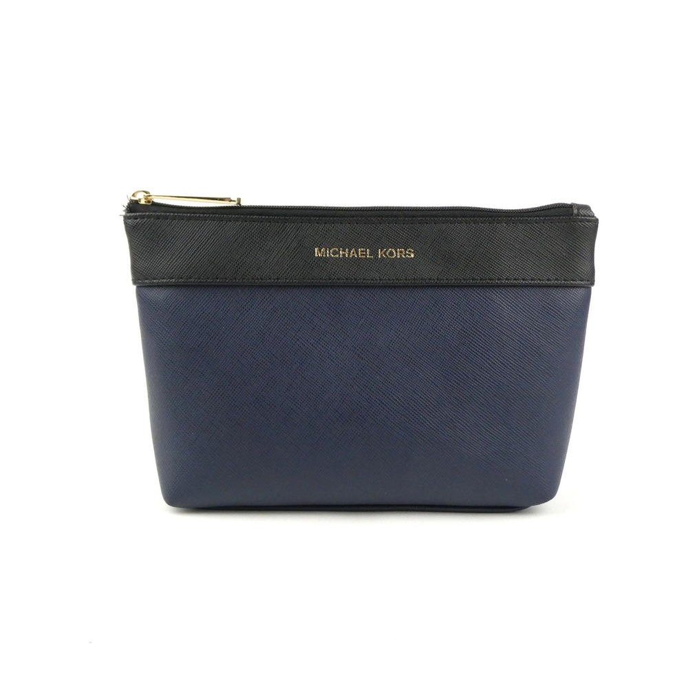 Michael Kors Black Navy Leather Cosmetic Zipper Pouch Case